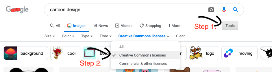 google image showing how to get copyright free images from Google